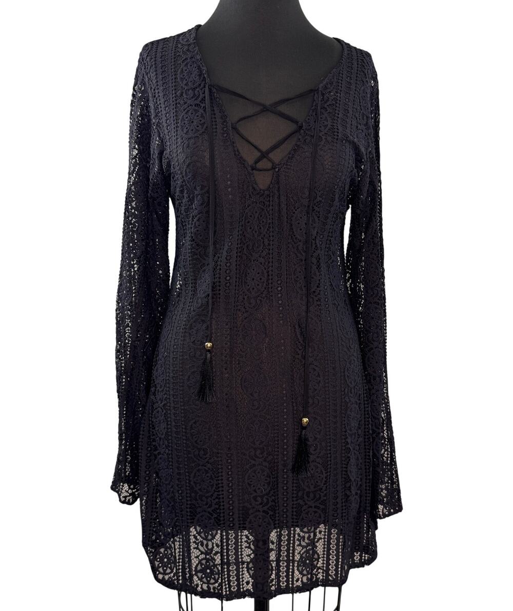 Pily Q Black Cover-Up Dress Floral Deep V-Neck Lace Up Casual Pullover Size M/L